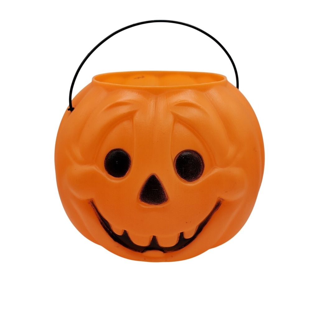 Vintage General Foam Plastics Halloween Pumpkin Blow Mold Bucket Orange USA Made